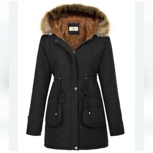 Grace Karin Women's Black Fur Hooded Parka Coat Pockets Drawstring Waist XL